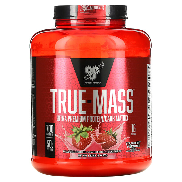 True-Mass, Matriz de proteínas y carbohidratos ultraprémium, Batido de fresa, 2,64 kg (5,82 lb)