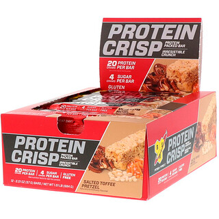 BSN, Proteína crujiente, Barrita de proteína envasada, Pretzel con caramelo salado, 12 barritas, 57 g (2,01 oz)
