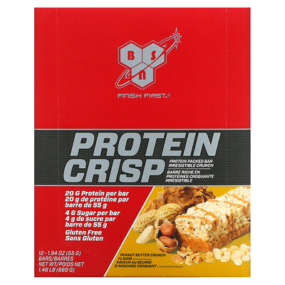BSN Protein Crisp, кранч с арахисовой пастой, 12батончиков, 56г (1,97унции) каждый