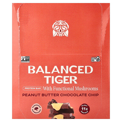 Balanced Tiger, Barrita proteica, Mantequilla de maní y chips de chocolate, 12 barritas, 44 g (1,55 oz) cada una