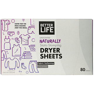 Better Life, Lençóis para secadora naturalmente bloqueadores de estática, sem fragrância, 80 lençóis