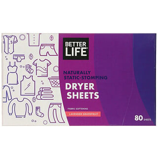 Better Life, Lençóis para secadora naturalmente eliminadores de estática, Lavanda Toronja, 80 lençóis