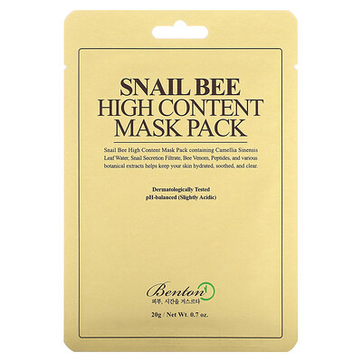 

Benton, Snail Bee High Content Beauty Mask Pack, 10 Sheets, 0.7 oz (20 g) Each