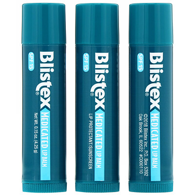Blistex Бальзам для губ с лечебным действием, Защита губ / Солнцезащитный фильтр SPF 15, в упаковке 3 бальзама, 0,15 унции (4,25 г) каждый