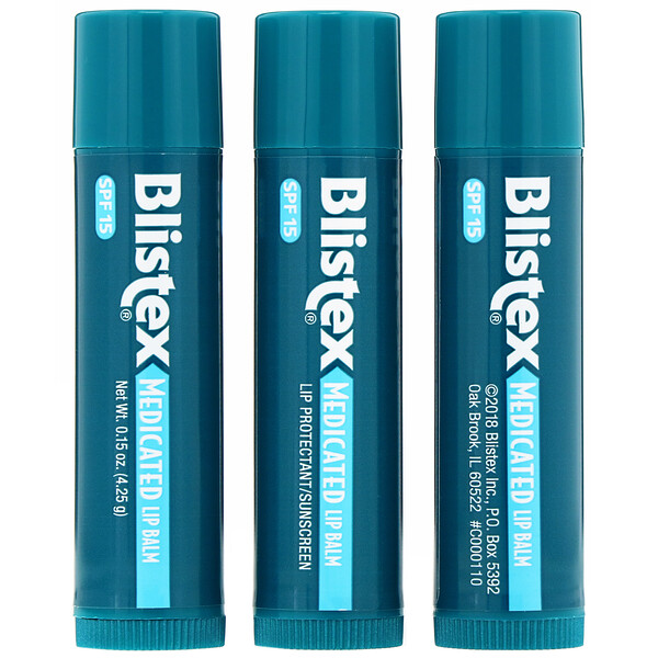 Blistex‏, משחה תרופתית לשפתיים, מגן שפתיים/קרם הגנה, מקדם הגנה SPF 15, אריזת חיסכון עם 3 משחות, 4.25 גר' (0.15 oz) כל אחת
