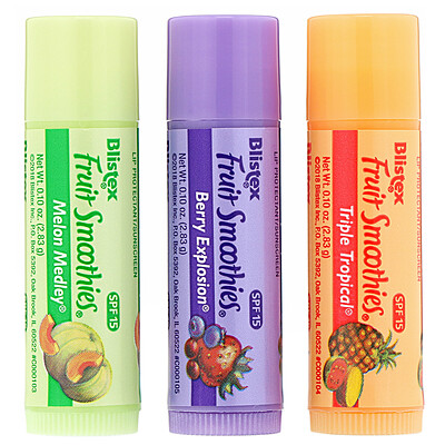 Blistex Бальзам для губ с солнцезащитным фильтром, SPF 15, Fruit Smoothies, 3 шт. в упаковке, 2,83 г (0,10 унции) каждая