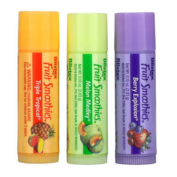 Blistex‏, קרם לחות לשפתיים, שייק פירות, 3 מקלות, 2.83 גרם (0.10 אונקיות) כל אחד