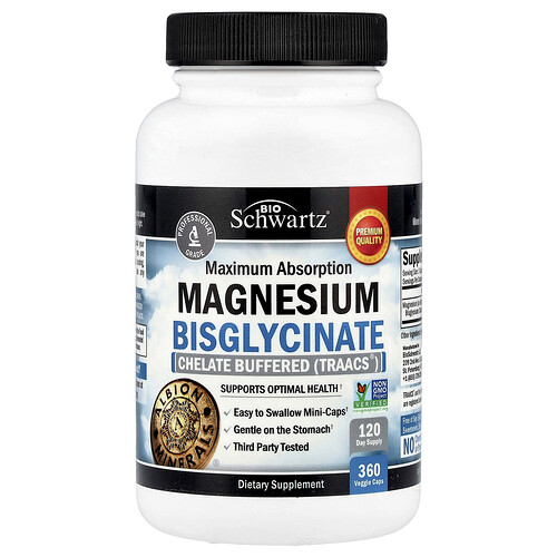 Bioschwartz Maximum Absorption Magnesium Bisglycinate, 360 Veggie Caps (24 mg per Capsules)