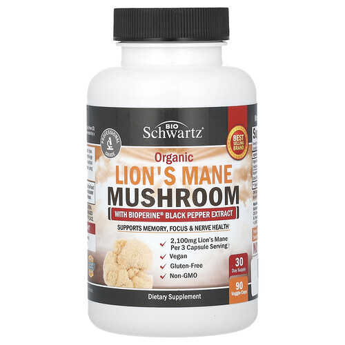 BioSchwartz, Organic Lion's Mane Mushroom with BioPerine Black Pepper Extract, Bio-Löwenmähne-Pilz mit BioPerine-Extrakt aus schwarzem Pfeffer, 90 vegetarische Kapseln