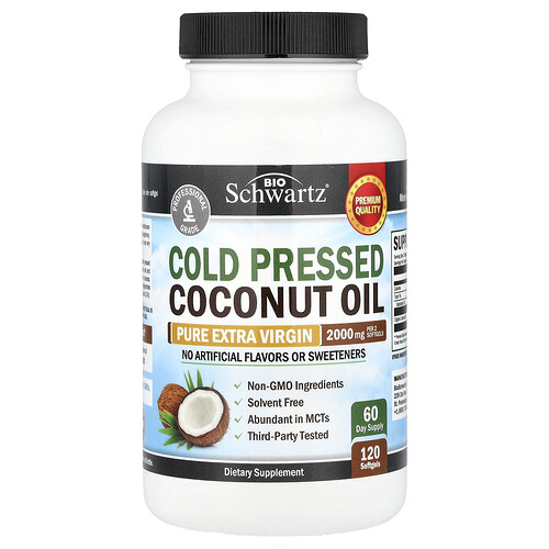 BioSchwartz, Cold Pressed Coconut Oil, kaltgepresstes Kokosnussöl, reines extra natives Öl, 120 Weichkapseln (1.000 mg pro Weichkapsel)