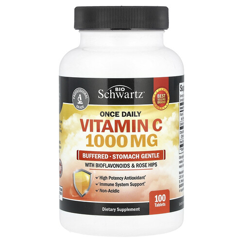 Bioschwartz Once Daily Vitamin C, Buffered, Stomach Gentle with Bioflavonoids & Rose Hips, 100 Tablets