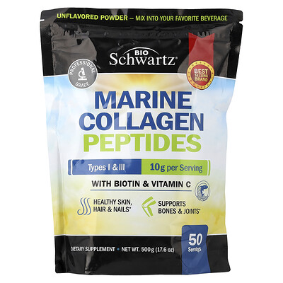 Product Image for BioSchwartz, Marine Collagen Peptides Powder, Types I & III, With Biotin & Vitamin C, Unflavored, 17.6 oz (500 g)