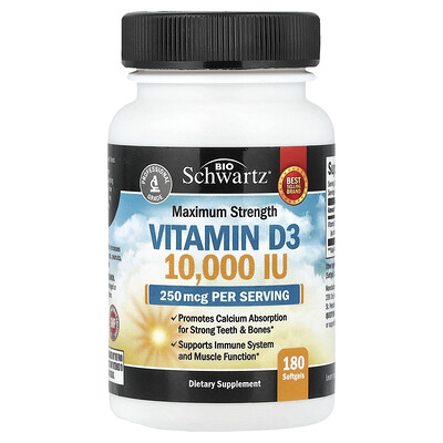 BioSchwartz, Vitamina D3 de máxima concentración, 250 mcg (10.000 UI), 180 cápsulas blandas