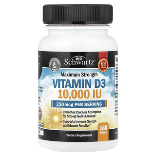 BioSchwartz, Vitamine D3 met maximale sterkte, 250 mcg (10.000 IE), 180 Zachte gels