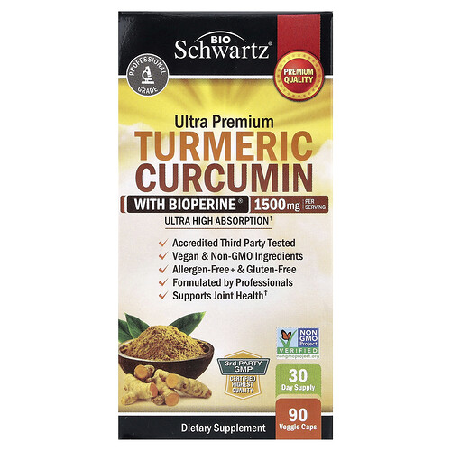BioSchwartz, Ultra Premium Turmeric Curcumin with Bioperine®, hochwertiges Kurkuma-Kurkumin mit Bioperine®, 90 pflanzliche Kapseln