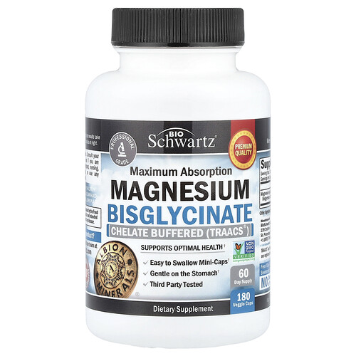 BioSchwartz, Maximum Absorption Magnesium Bisglycinate, Magnesiumbisglycinat mit maximaler Absorption, 180 pflanzliche Kapseln (24 mg pro Kapsel)
