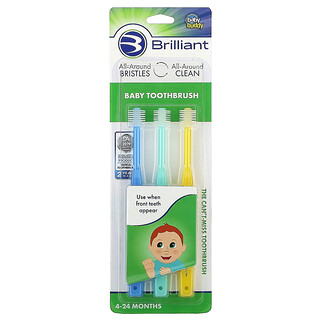 Baby Buddy, Brilliant, Cepillo de dientes para bebés, 4-24 meses, Azul, Menta, Amarillo`` 3 cepillos de dientes