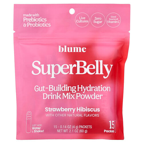 Blume, SuperBelly, Gut-Building Hydration Drink Mix Powder, Hydration-Trinkmischung-Pulver für einen guten Darm, Erdbeer-Hibiskus, 15 Päckchen, je 4 g (0,14 oz.)
