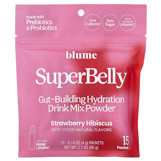 Blume, SuperBelly, Mezcla en polvo para preparar bebidas hidratantes que desarrollan intestinos, Fresa e hibisco, 15 sobres, 4 g (0,14 oz) cada uno