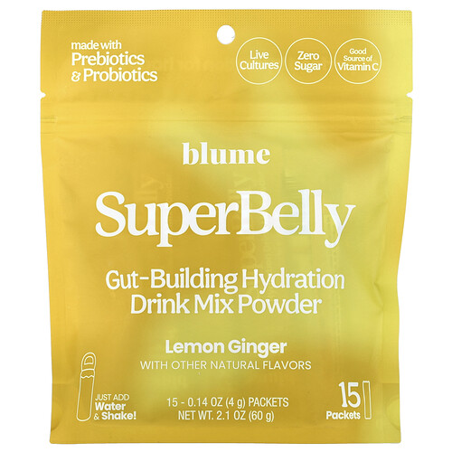 Blume SuperBelly, Gut-Building Hydration Drink Mix Powder, Lemon Ginger, 15 Packets, 0.14 oz (4 g) Each