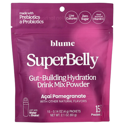 Blume, SuperBelly, Mezcla en polvo para preparar bebidas hidratantes para favorecer el desarrollo intestinal, Asaí y granada, 15 sobres, 4 g (0,14 oz) cada uno