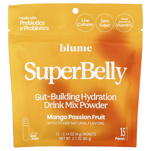 Blume SuperBelly, Gut-Building Hydration Drink Mix Powder, Mango Passion Fruit, 15 Packets, 0.14 oz (4 g) Each