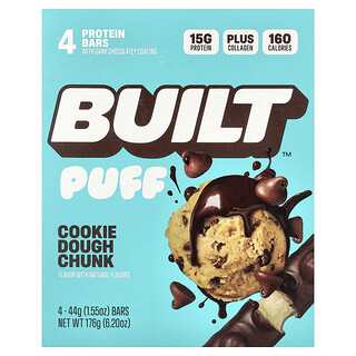Built, Hojaldrada, Barritas proteicas, Masa para galletas en trozos, 4 barritas, 44 g (1,55 oz) cada una