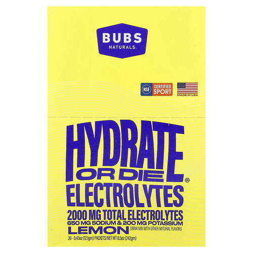 Bubs Naturals Hydrate or Die®, Electrolytes Drink Mix, Lemon, 20 Packets, 0.43 oz (12.1 gm) Each