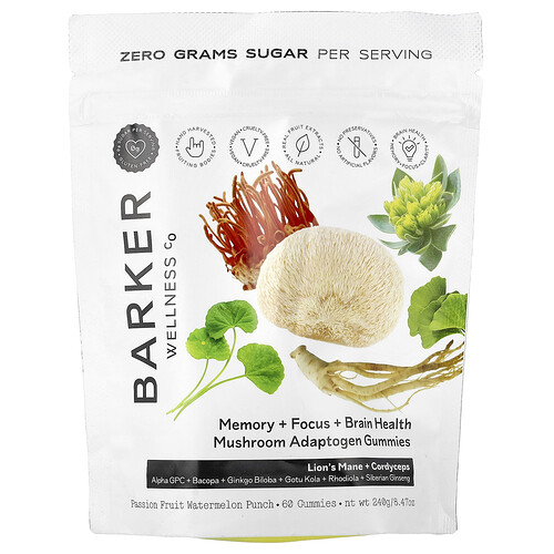 Barker Wellness Co Mushroom Adaptogen Gummies, Passion Fruit Watermelon Punch, 60 Gummies
