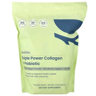 Bird and Be, Collagène triple puissance et probiotique, Sans arôme, 30 sachets en stick, 10,8 g pièce