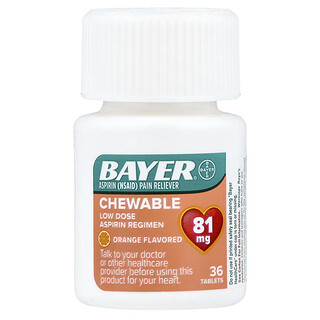 Bayer, Regimen Aspirin Dos Rendah Boleh Kunyah, Oren, 81 mg, 36 Tablet