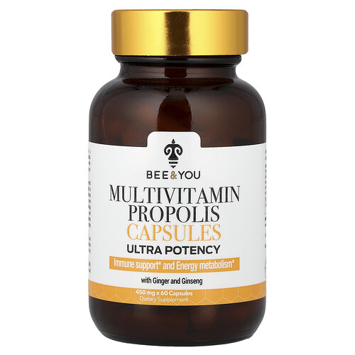 Bee & You Multivitamin Propolis Capsules with Ginger and Ginseng, Ultra Potency, 60 Capsules