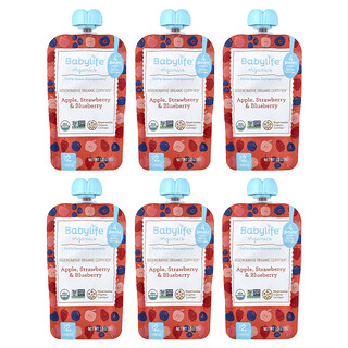 BabyLife Organics, Alimentos para Bebês, Acima de 6 Meses, Maçã, Morango e Mirtilo, 6 Sachês, 99 g (3,5 oz) Cada