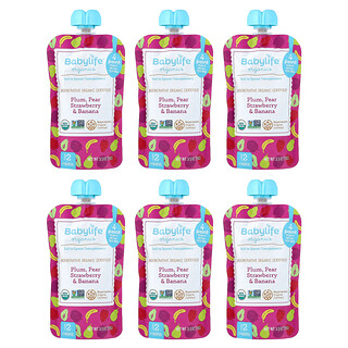BabyLife Organics, Alimentos para Bebês, Acima de 6 Meses, Ameixa, Pera, Morango e Banana, 6 Sachês, 99 g (3,5 oz) Cada