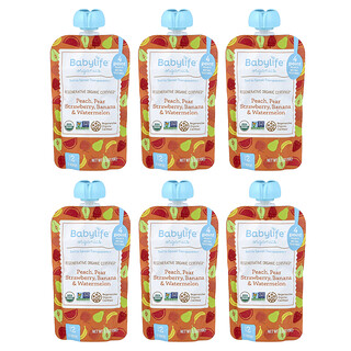 BabyLife Organics, Alimentos para Bebês, Acima de 6 Meses, Pêssego, Pera, Morango, Banana e Melancia, 6 Sachês, 99 g (3,5 oz) Cada