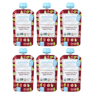 BabyLife Organics, Comida para bebês, 6 meses ou mais, Morango, Pêra, Maçã e Beterraba, 6 sachês, 99 g cada