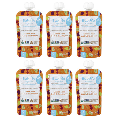 BabyLife Organics, Baby Food, ab 6 Monaten, Karotte, Birne, Rote Bete und Brombeere, 6 Beutel, je 99 g (3,5 oz.).