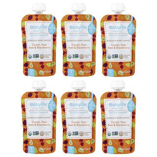BabyLife Organics, Alimentos para Bebês, Acima de 6 Meses, Cenoura, Pera, Beterraba e Amora, 6 Sachês, 99 g (3,5 oz) Cada