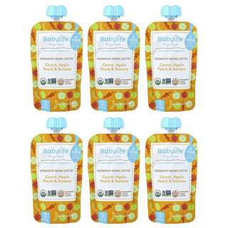 BabyLife Organics, Baby Food, 6+ Months, Carrot, Apple, Peach & Banana, 6 Pouches, 3.5 oz (99 g) Each