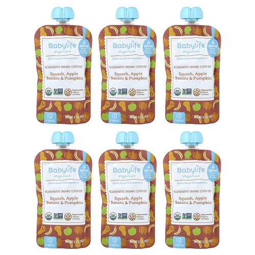 BabyLife Organics, Baby Food, ab 6 Monaten, Kürbis, Apfel, Banane und Kürbis, 6 Beutel, je 99 g (3,5 oz.)