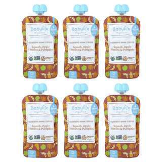 BabyLife Organics, Baby Food, 6+ Months, Squash, Apple, Banana & Pumpkin, 6 Pouches, 3.5 oz (99 g) Each