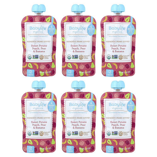 BabyLife Organics, Baby Food, ab 6 Monaten, Süßkartoffel, Pfirsich, Birne und Banane, 6 Beutel, je 99 g (3,5 oz.).