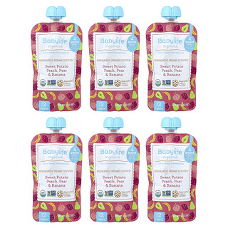 BabyLife Organics, Baby Food, 6+ Months, Sweet Potato, Peach, Pear & Banana, 6 Pouches, 3.5 oz (99 g) Each