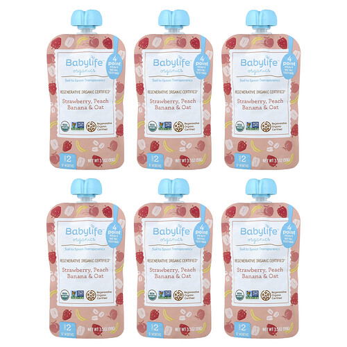 BabyLife Organics, Baby Food, ab 6 Monaten, Erdbeere, Pfirsich, Banane und Hafer, 6 Beutel, je 99 g (3,5 oz.).