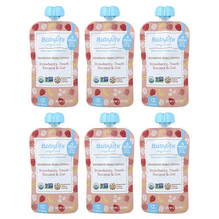 BabyLife Organics, Makanan Bayi, 6+ Bulan, Stroberi, Persik, Pisang & Oat, 6 Kantong, Masing-Masing 99 g (3,5 ons)