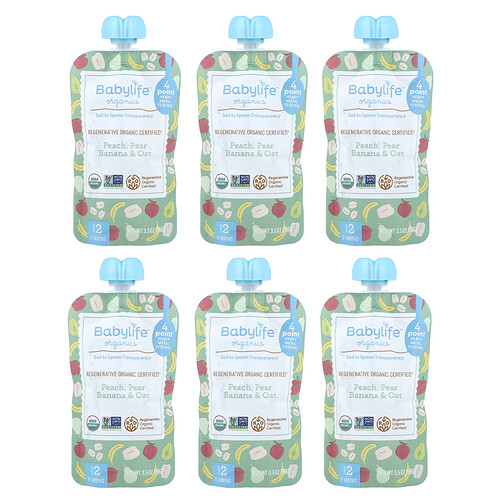BabyLife Organics, Baby Food, ab 6 Monaten, Pfirsich, Birne, Banane und Hafer, 6 Beutel, je 99 g (3,5 oz.).
