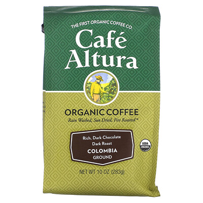 

Cafe Altura, Organic Coffee, Colombia, Ground, Dark Roast, 10 oz (283 g)