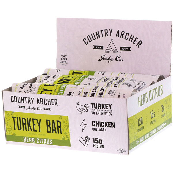Country Archer Jerky, Turkey Bar, Herb Citrus, 12 Bars, 1.5 oz (42 g