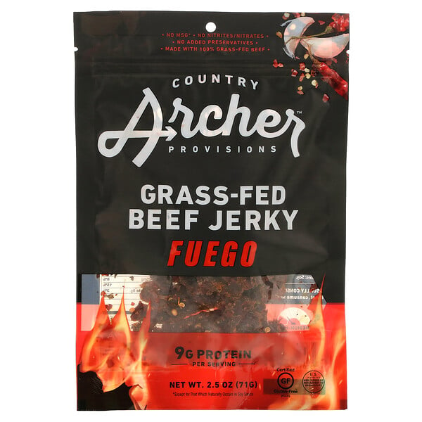 Country Archer Jerky, 草飼牛肉乾，Fuego，2.5 盎司（71 克）