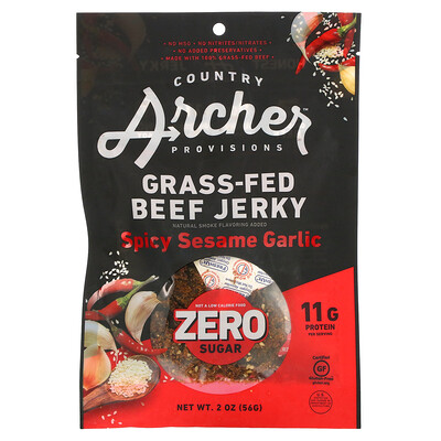 Country Archer Jerky Grass-Fed Beef Jerky, Zero Sugar, Spicy Sesame Garlic, 2 oz (56 g)
